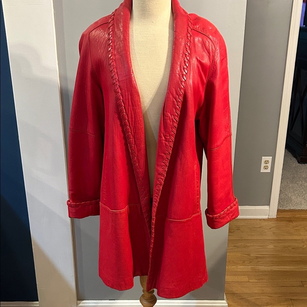 Jacobson’s Women's Red Leather coat leather whip-stitch trim size XS - larger